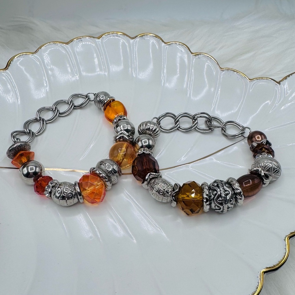 Autumn Amber & Silver Charm Bracelet Set – Chunky Beaded Stretch